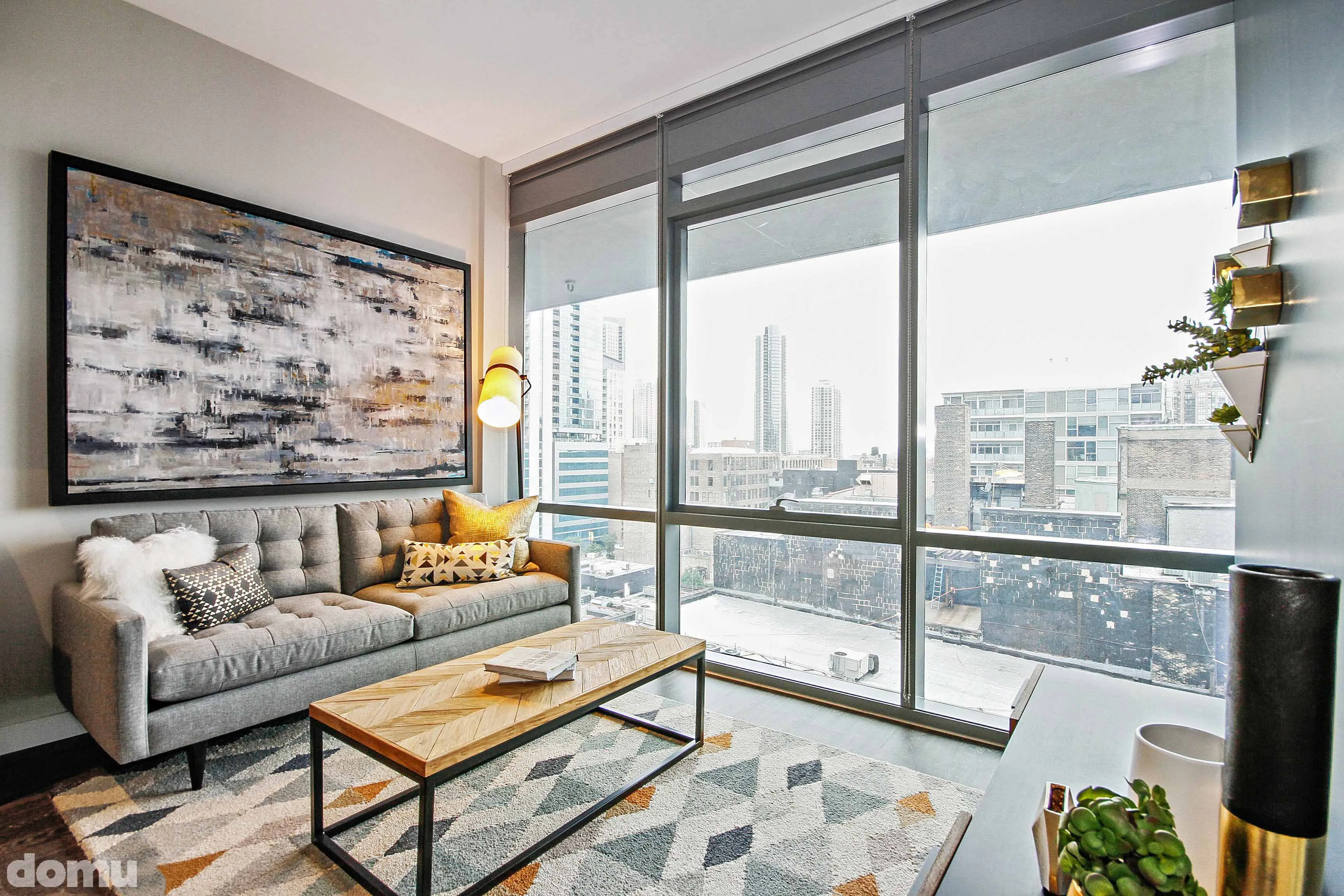living room model unit at 640 North Wells Apartments in River North Chicago