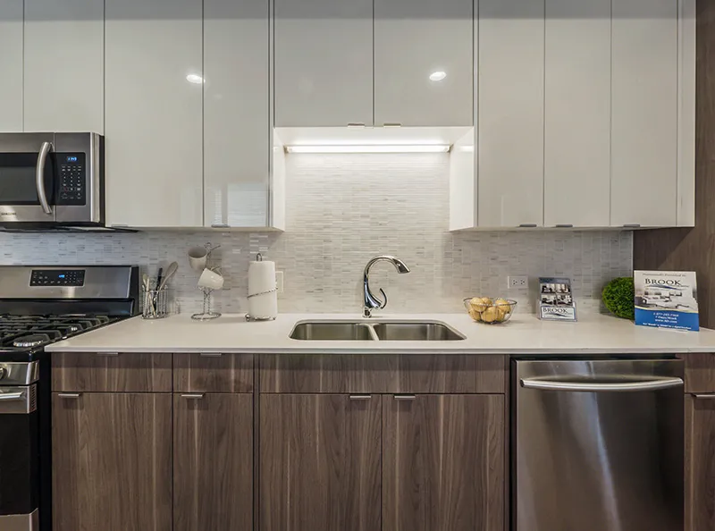 living area in model unit at The Hensley Apartments in Chicago