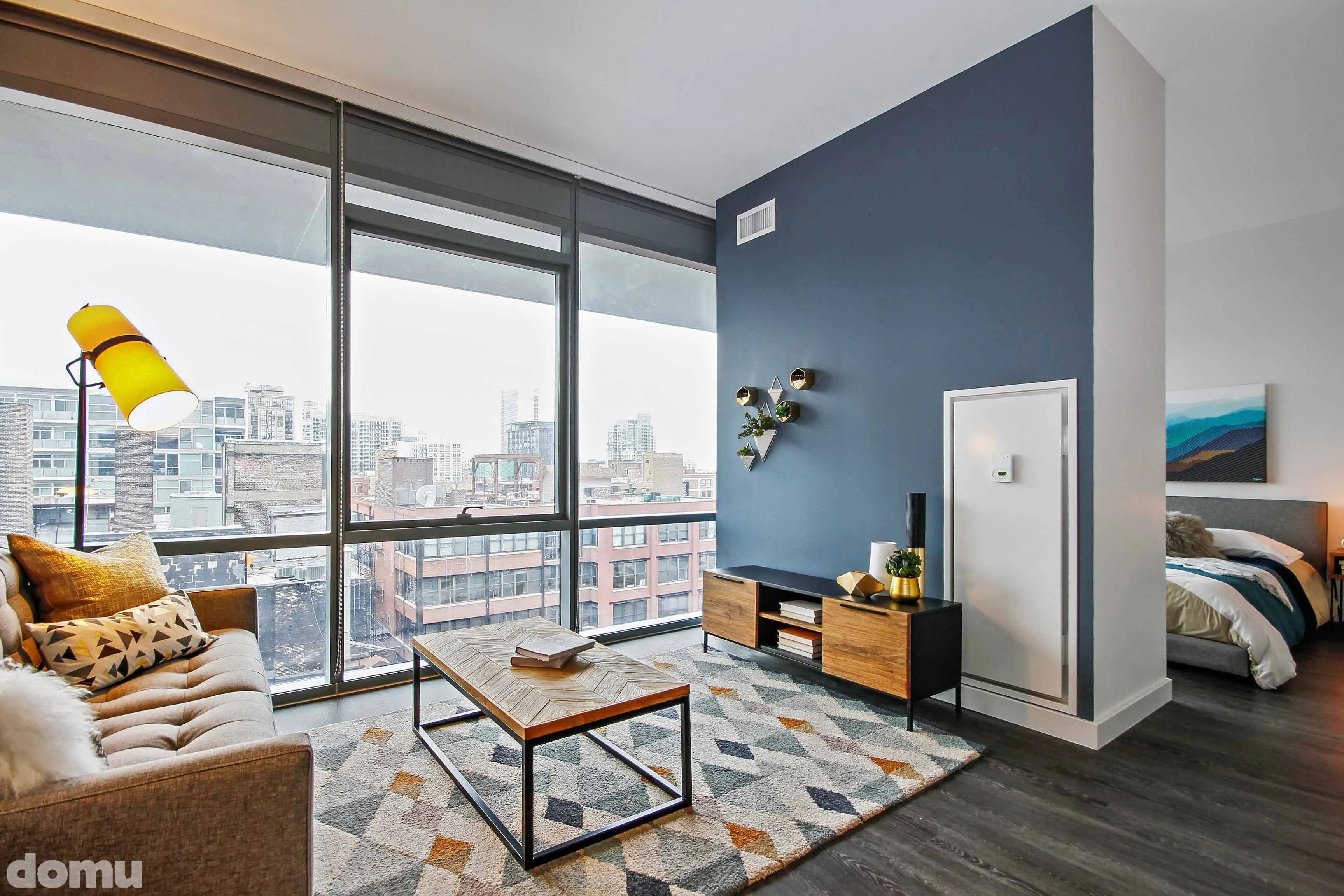 living room model unit at 640 North Wells Apartments in River North Chicago
