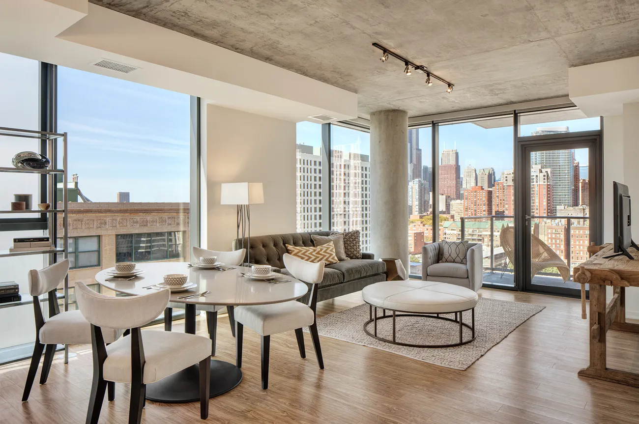living room fuurnished at 1333 South Wabash Apartments South Loop Chicago