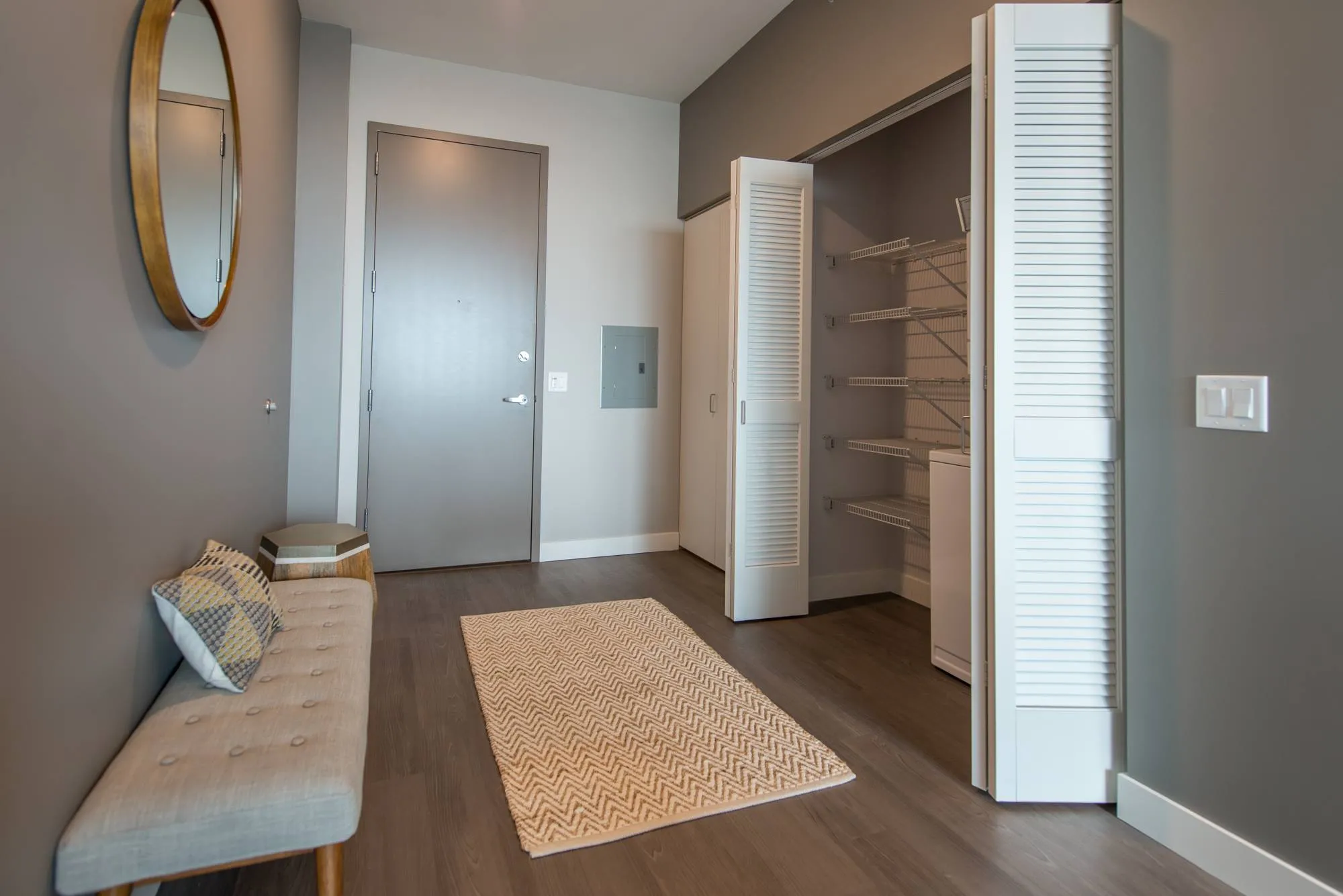 living room and skyline view at 1000 South Clark Apartments