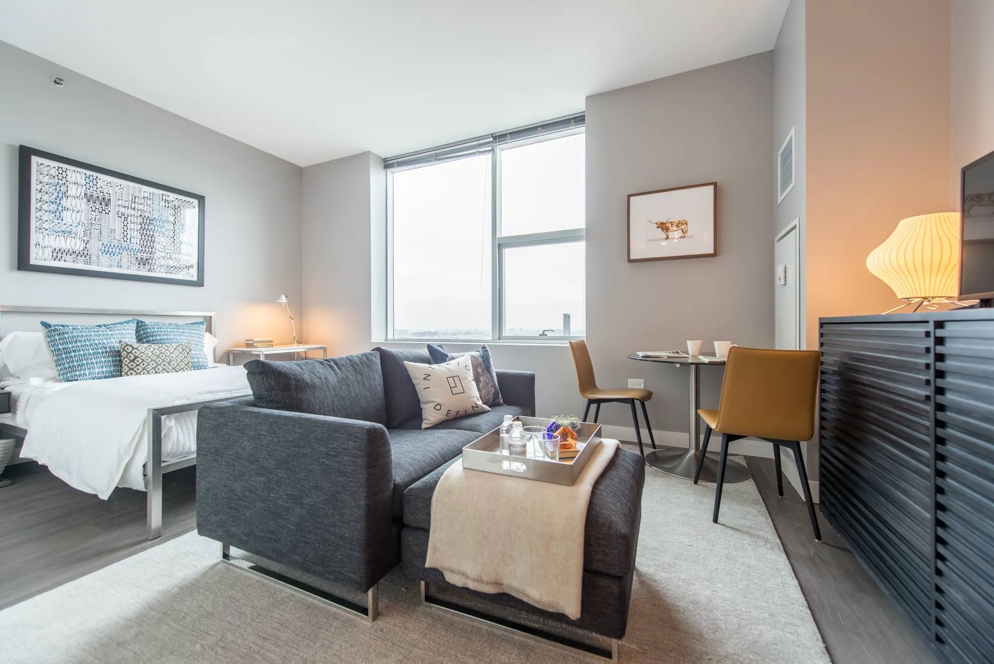 living room and skyline view at 1000 South Clark Apartments