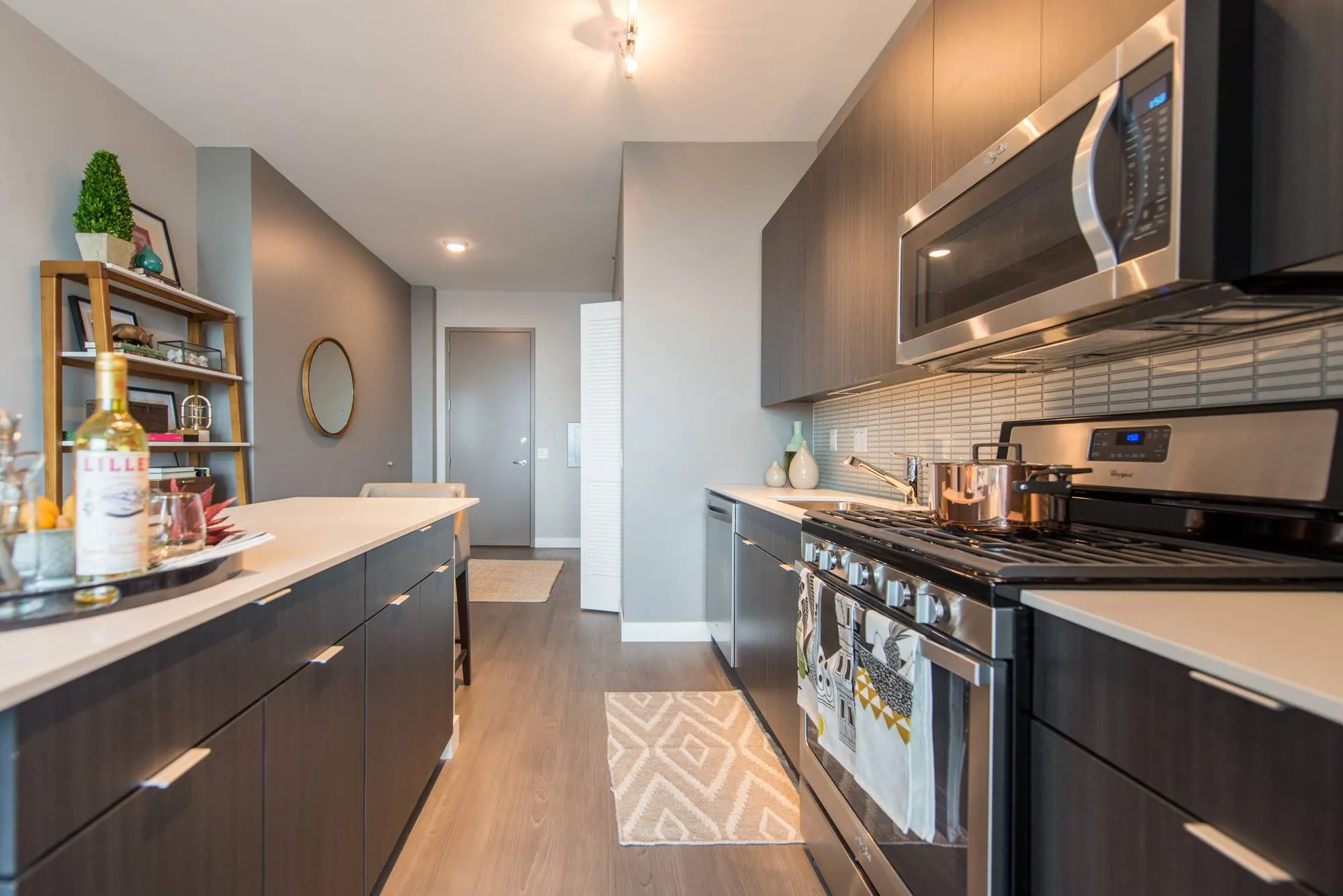 living room and skyline view at 1000 South Clark Apartments