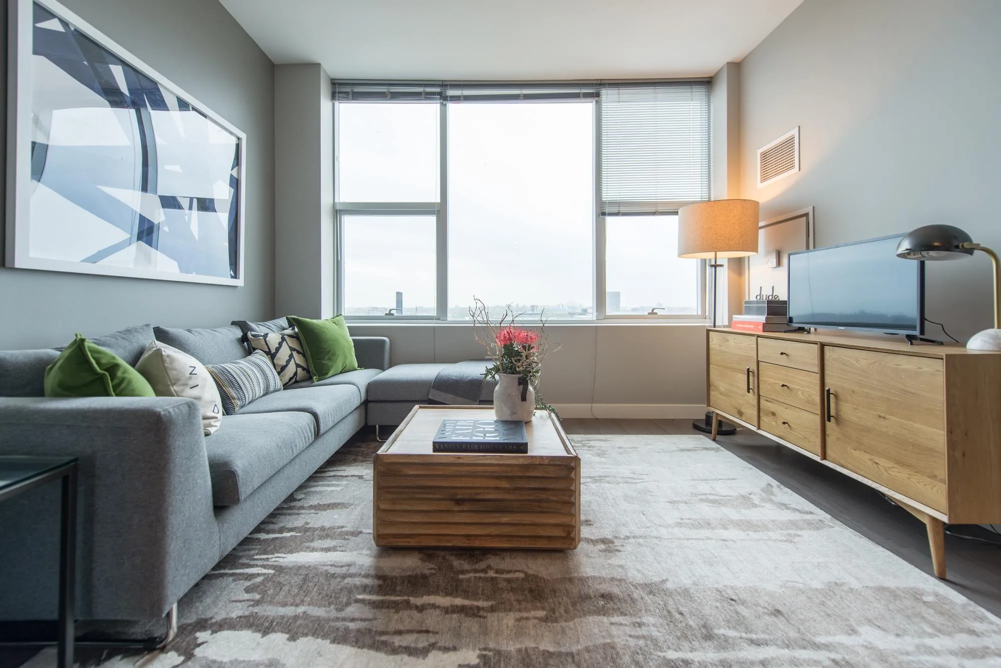 living room and skyline view at 1000 South Clark Apartments