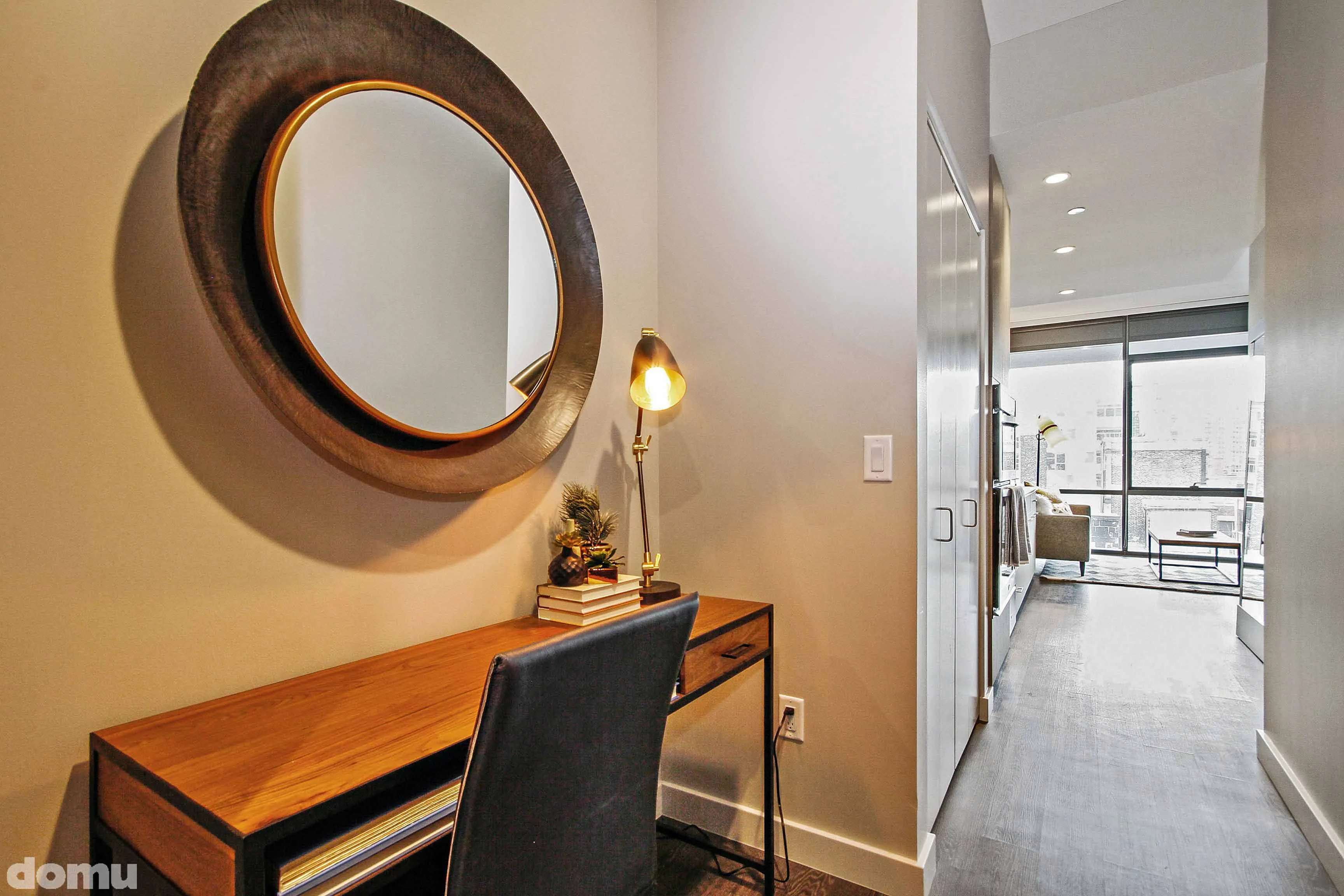 living room model unit at 640 North Wells Apartments in River North Chicago