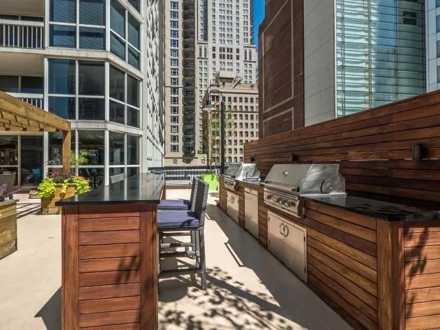 furnished model living room at One East Delaware Apartments