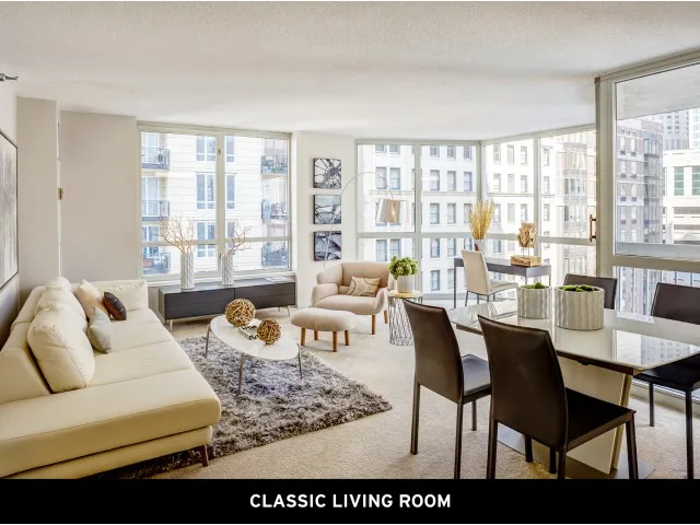 furnished model living room at One East Delaware Apartments