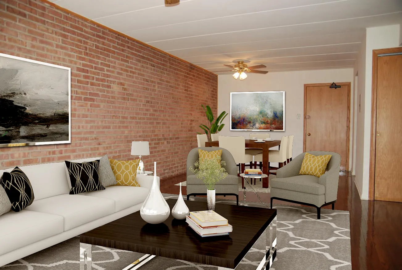 Virtually staged living room in 1 Bedroom