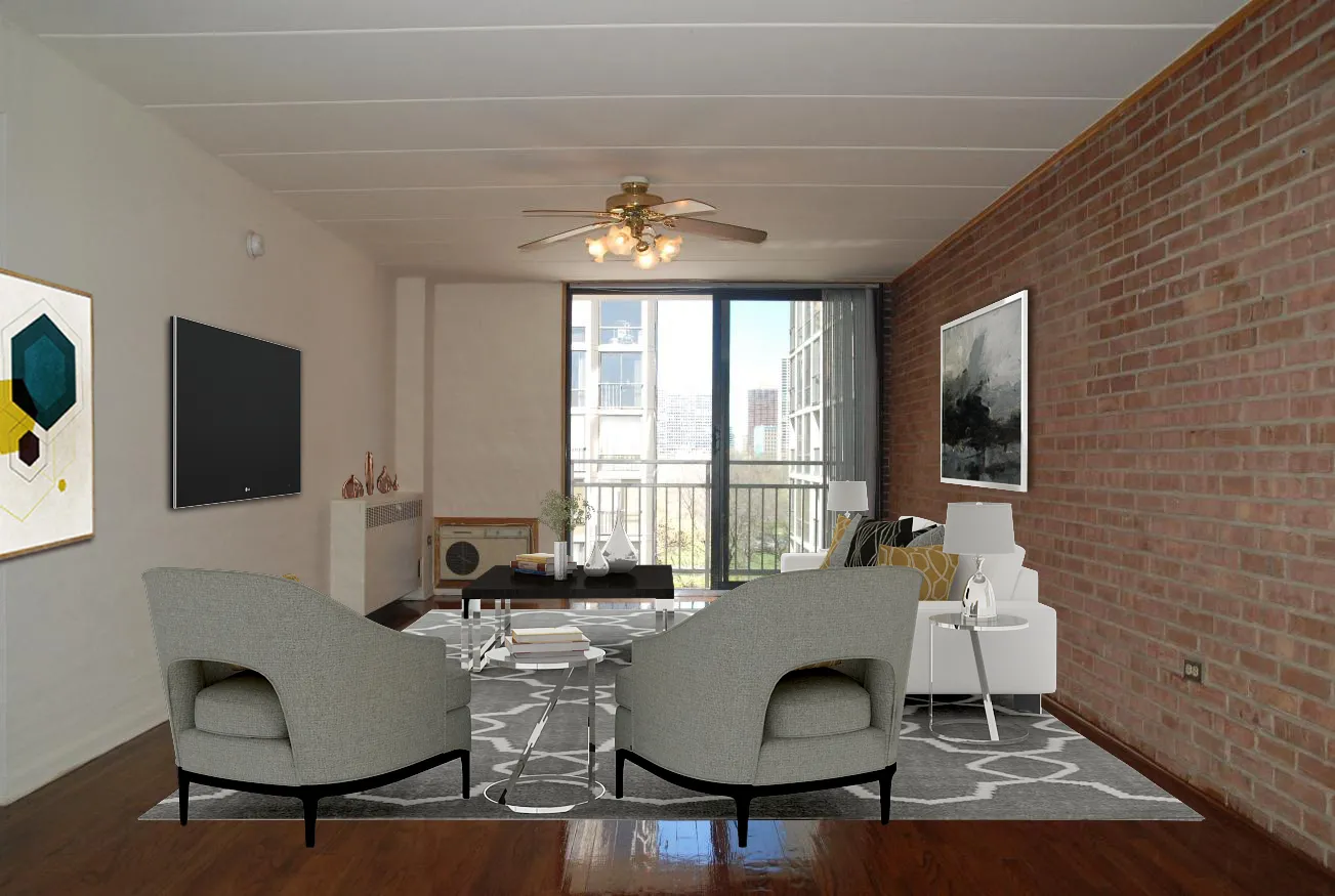 Virtually staged living room in 1 Bedroom
