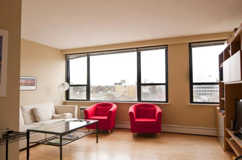 living rom with view from windows at 1575 Oak Apartments in Evanston IL