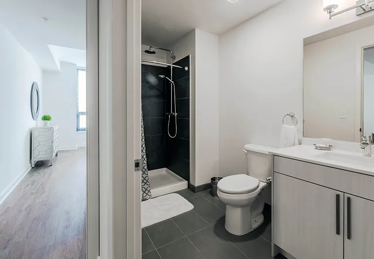 living area in model unit at The Hensley Apartments in Chicago