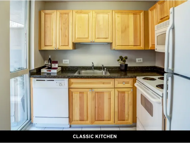 furnished model living room at One East Delaware Apartments