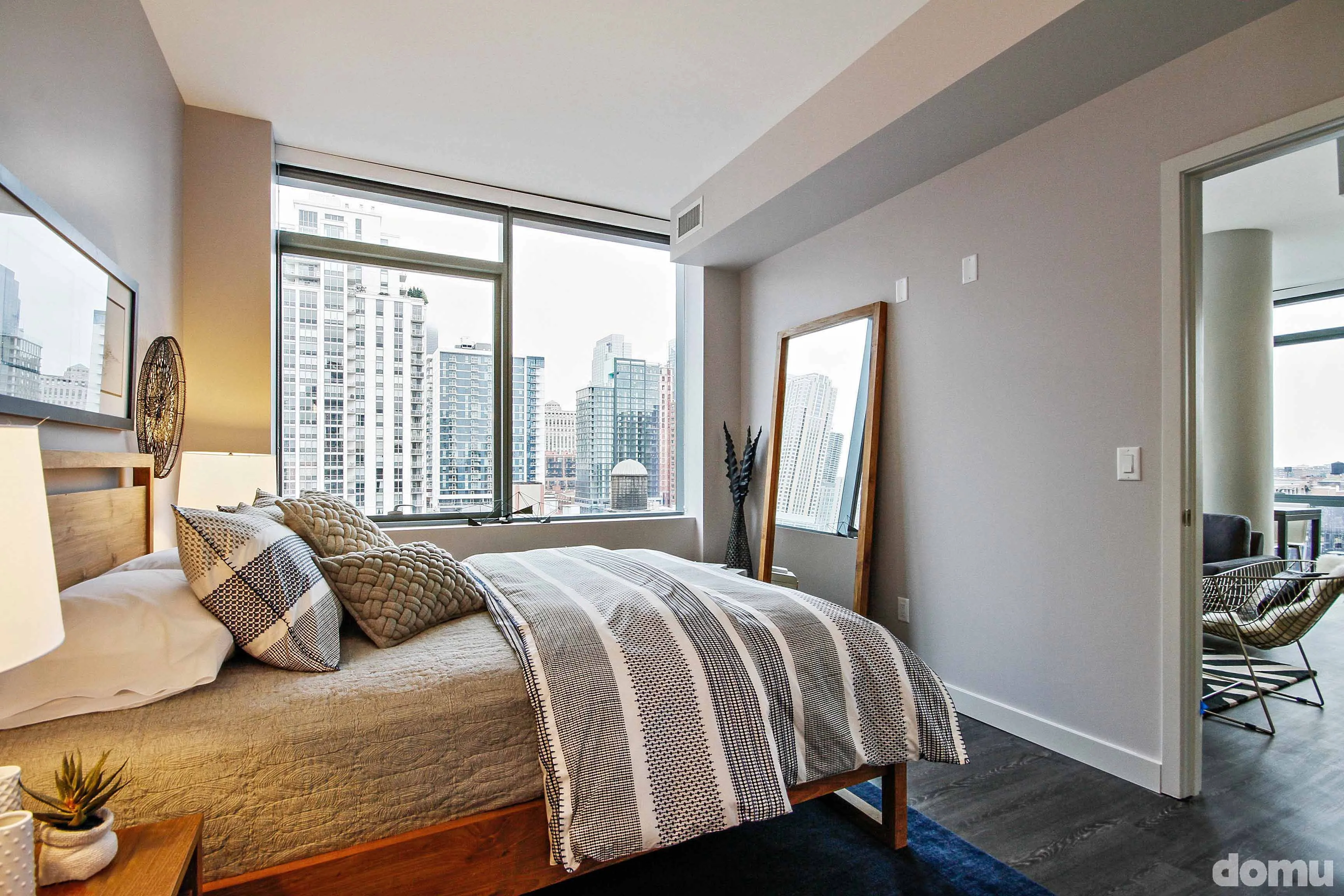 living room model unit at 640 North Wells Apartments in River North Chicago