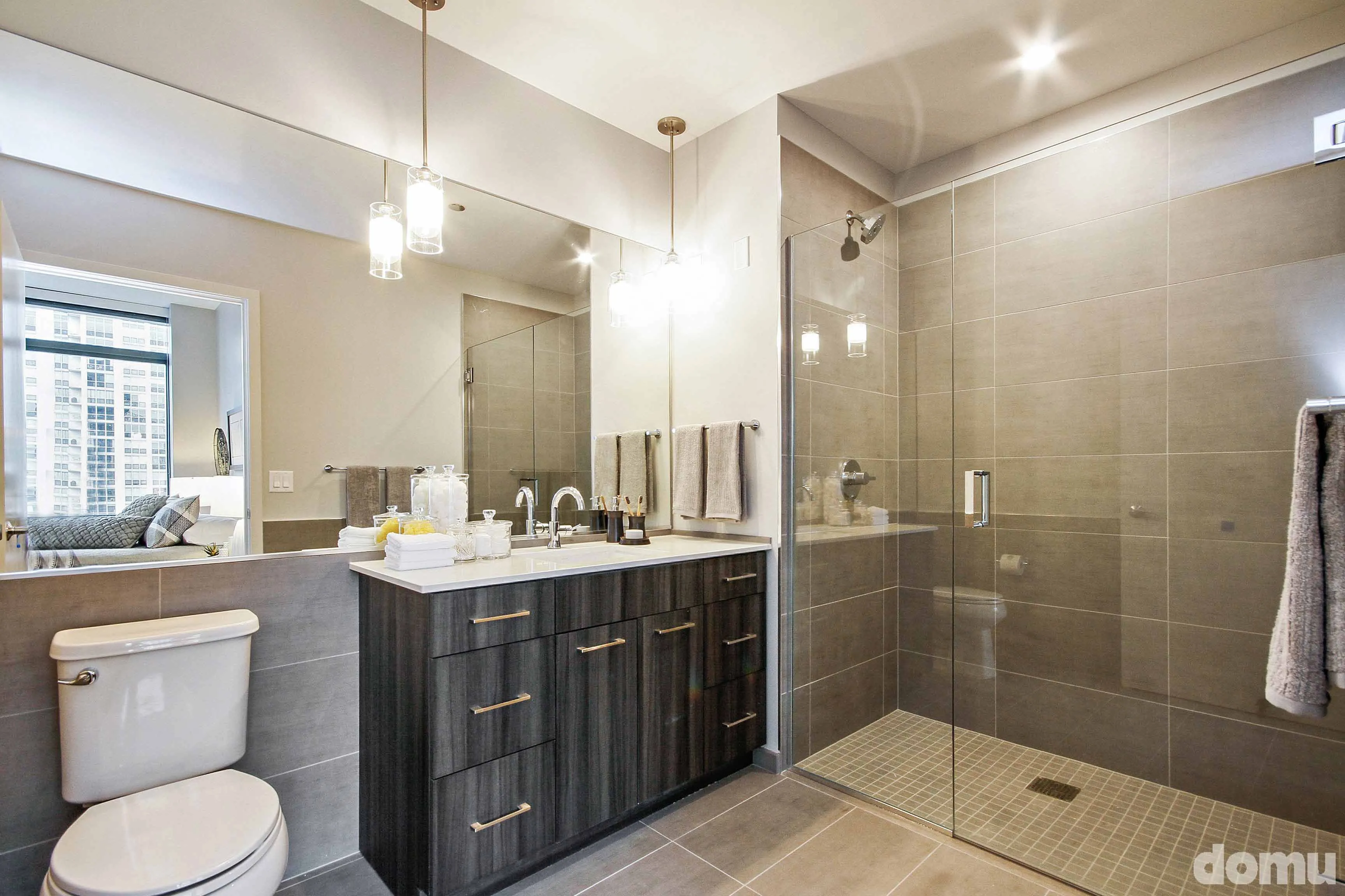 living room model unit at 640 North Wells Apartments in River North Chicago