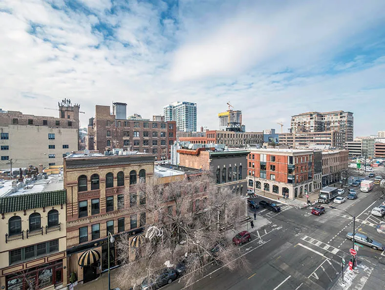 living area in model unit at The Hensley Apartments in Chicago