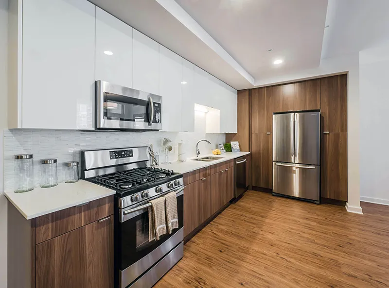 living area in model unit at The Hensley Apartments in Chicago