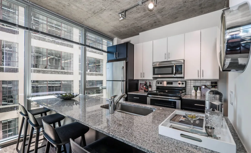 living room model apartment at JeffJack Apartments in the Chicago Loop