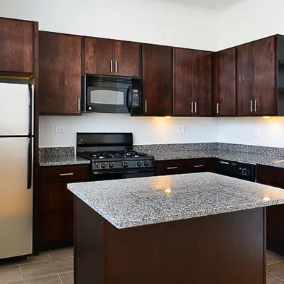 kitchen and living area at 1471 North Milwaukee Apartments  in Wicker Park