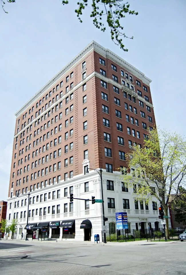 facade of the original historic The Mayfair Apartments in Hyde Park Chicago