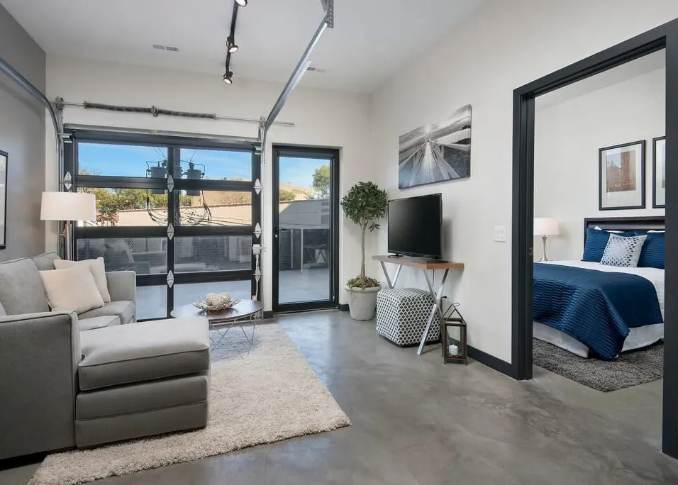 living room in the model apartment at 1647 North Milwaukee Apartments
