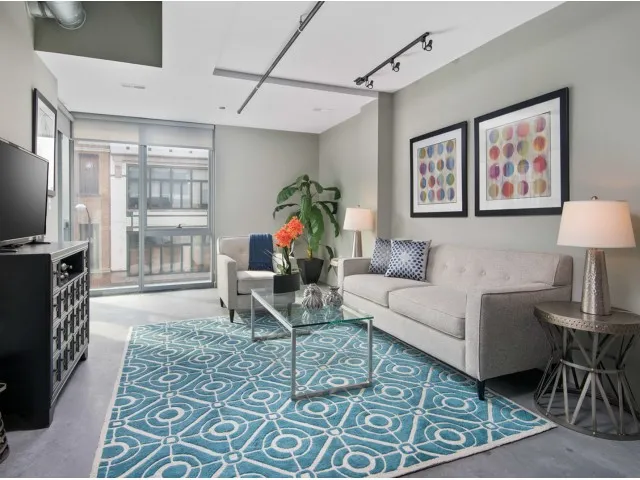living room at 1241 N Milwaukee Apartments in Chicago