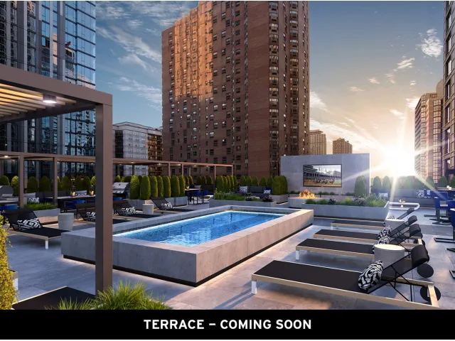 furnished model living room at One East Delaware Apartments