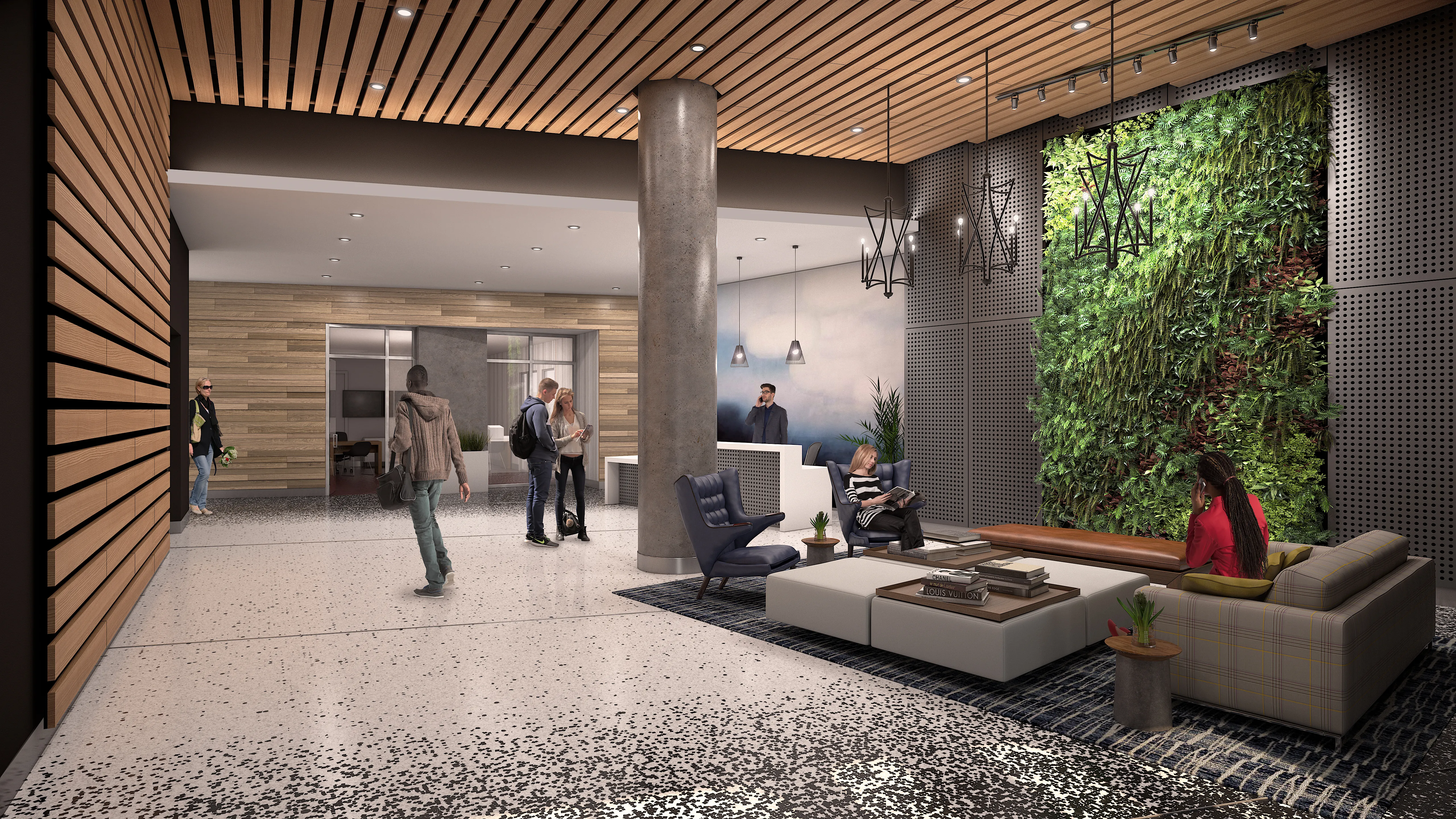 kitchen island, living area and view of the lake at Eleven40 Apartments