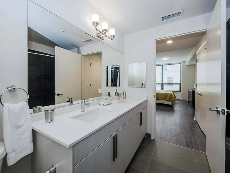 living area in model unit at The Hensley Apartments in Chicago