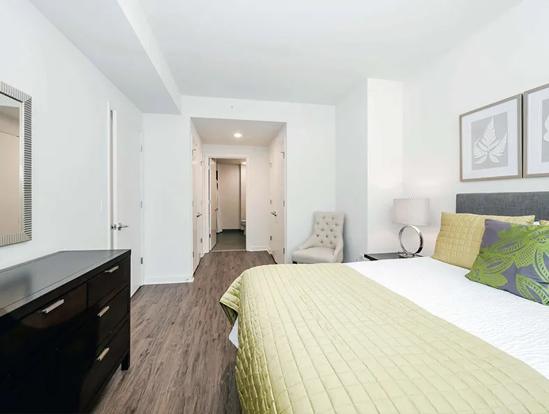 living area in model unit at The Hensley Apartments in Chicago