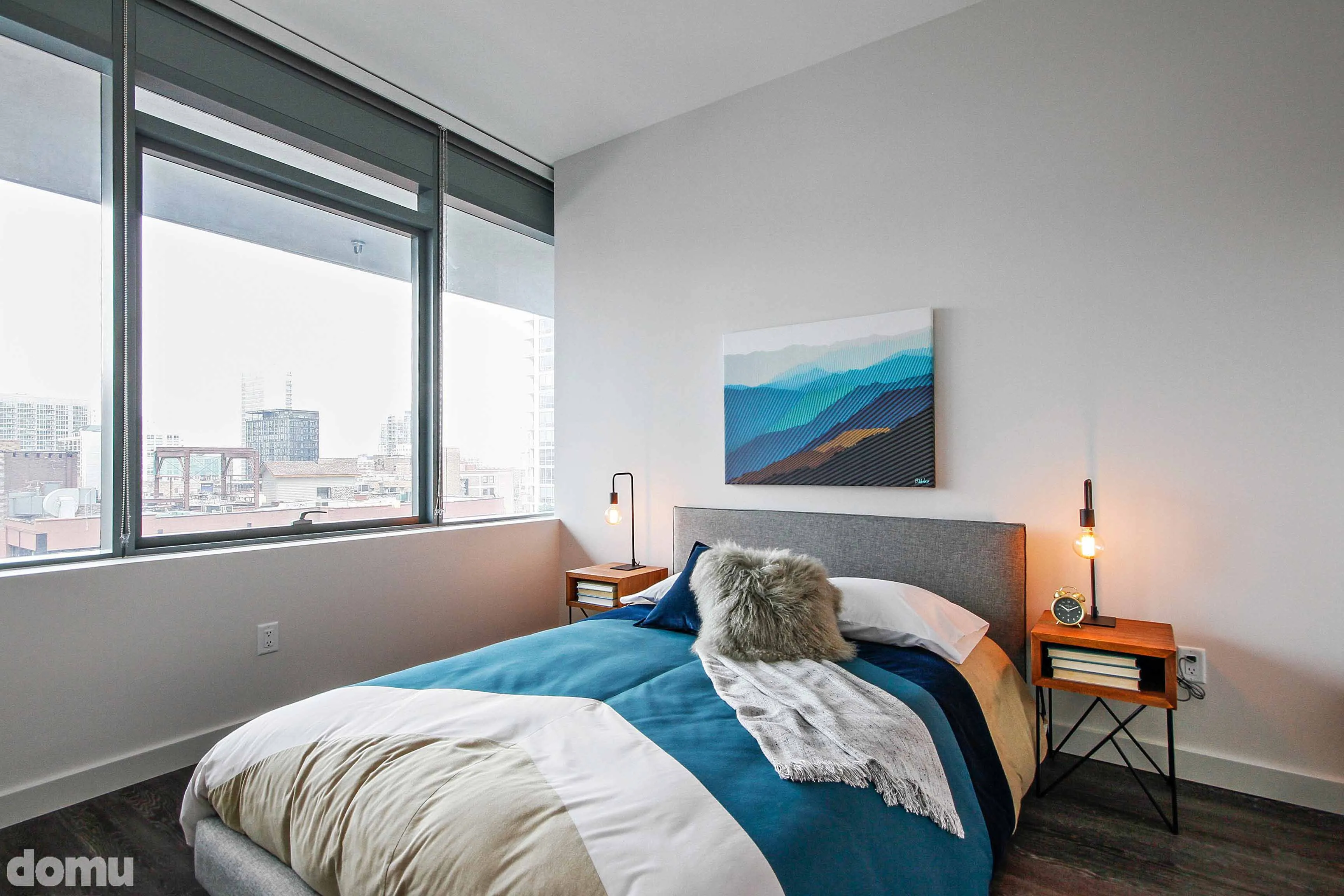 living room model unit at 640 North Wells Apartments in River North Chicago