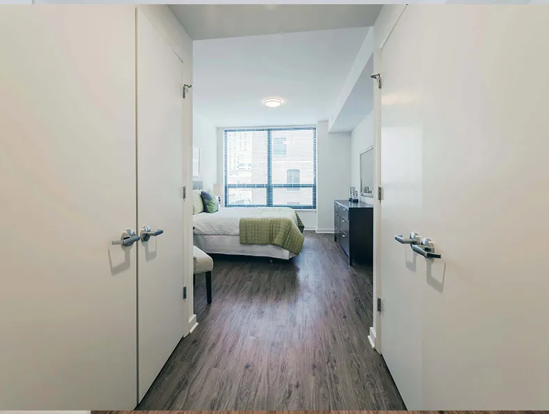 living area in model unit at The Hensley Apartments in Chicago