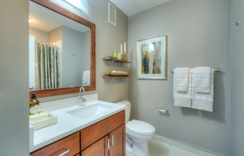 living room with downtown view at Atwater apartments in Streeterville