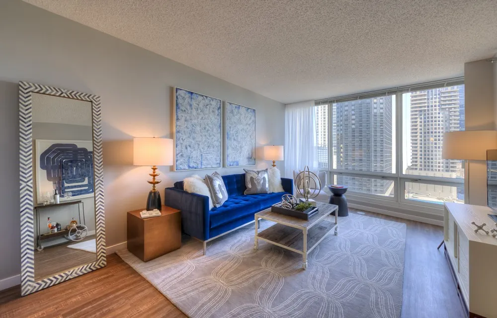 living room with downtown view at Atwater apartments in Streeterville