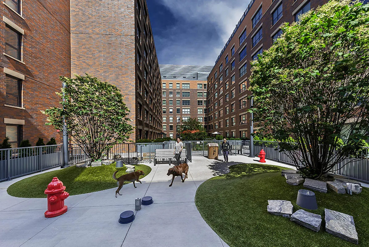 kitchen with view of living room at The Madison at Racine Apartments