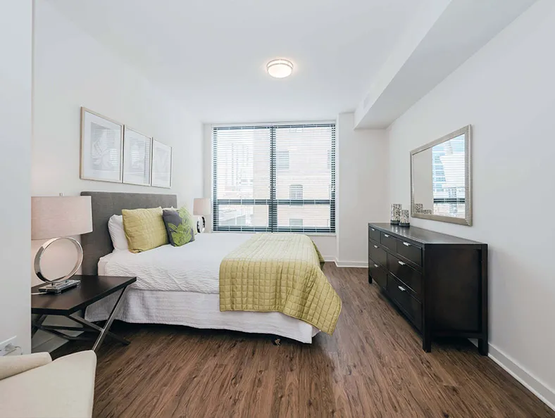living area in model unit at The Hensley Apartments in Chicago