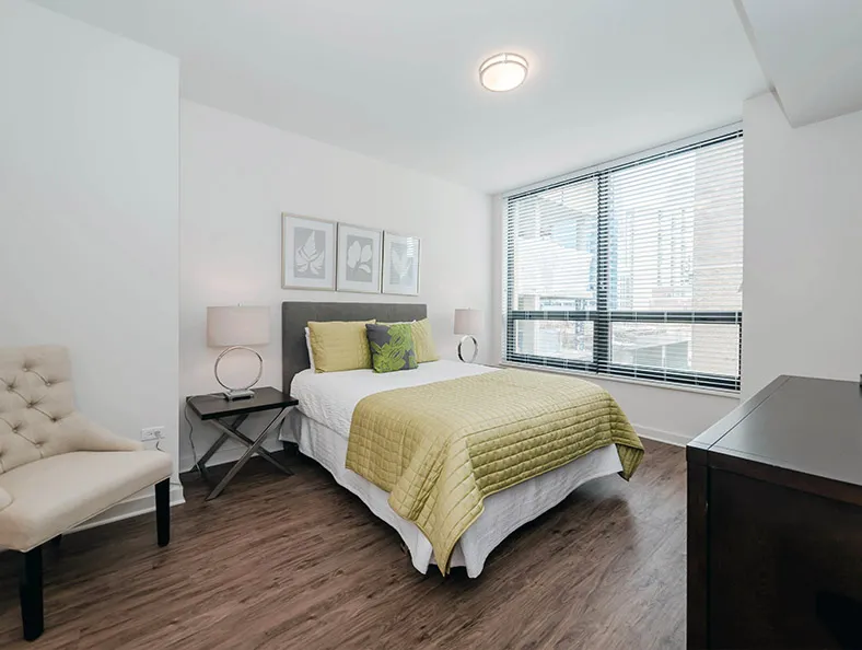 living area in model unit at The Hensley Apartments in Chicago