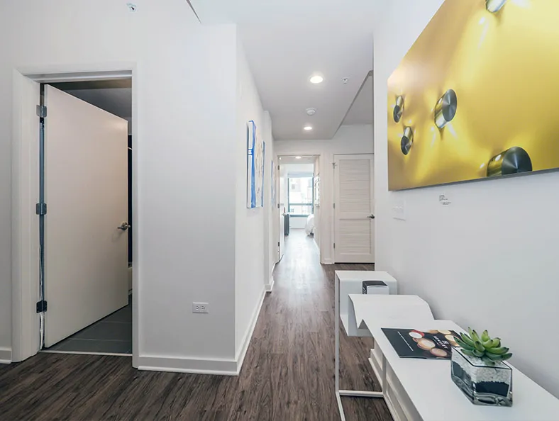 living area in model unit at The Hensley Apartments in Chicago