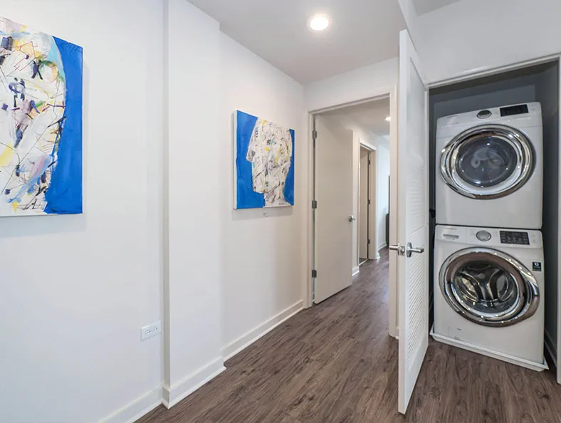 living area in model unit at The Hensley Apartments in Chicago