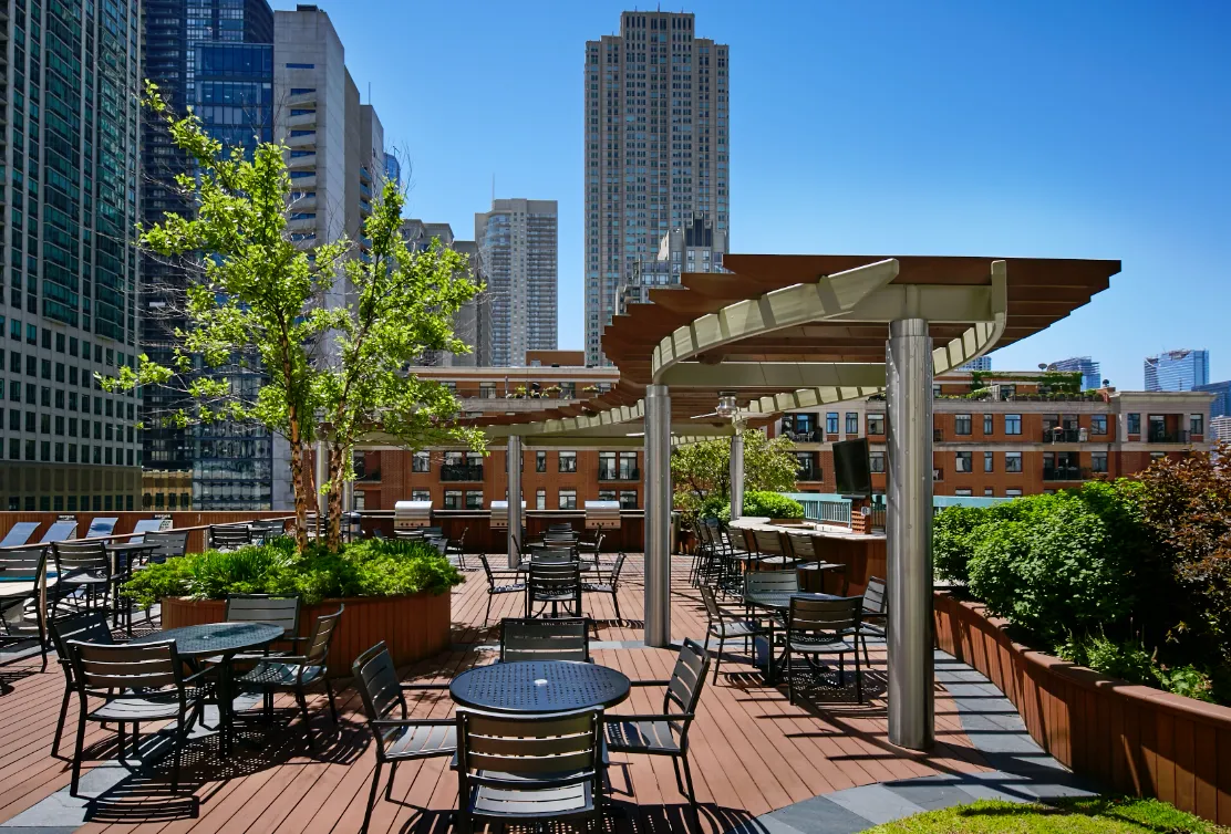 model living room with furnishings at One Superior Place Apartments