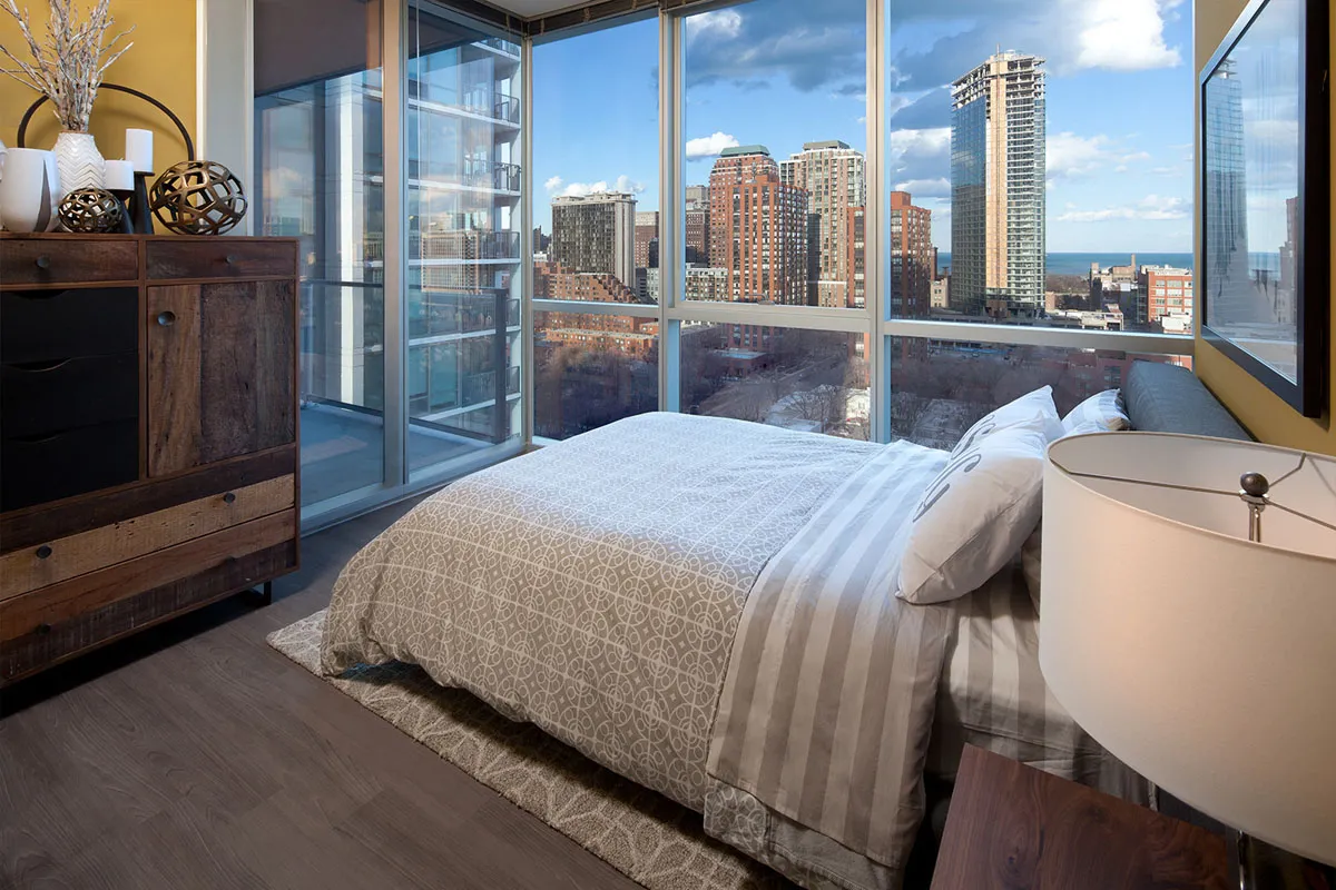 living room and skyline view at 1000 South Clark Apartments