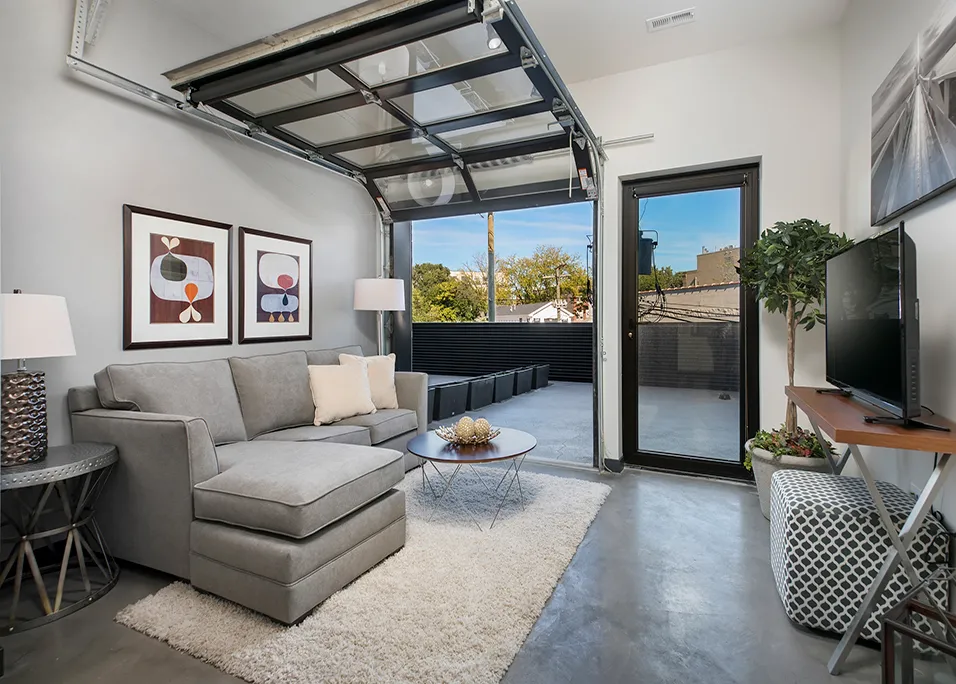 living room in the model apartment at 1647 North Milwaukee Apartments