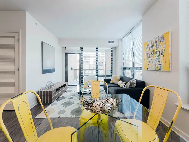 living area in model unit at The Hensley Apartments in Chicago