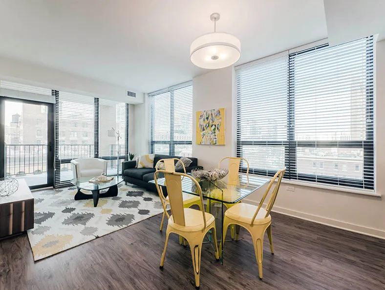 living area in model unit at The Hensley Apartments in Chicago