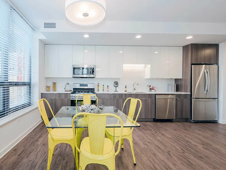 living area in model unit at The Hensley Apartments in Chicago