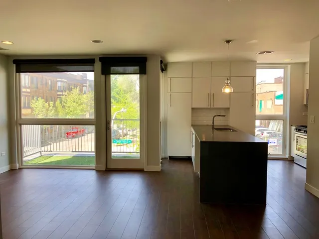 view of kitchen and street from unit at 3301 North Sheffield Apartments