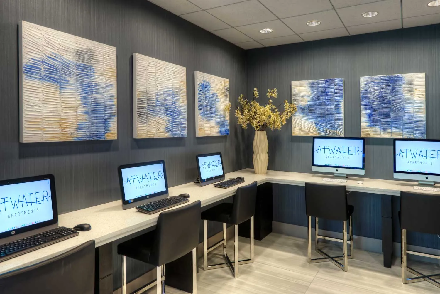 living room with downtown view at Atwater apartments in Streeterville