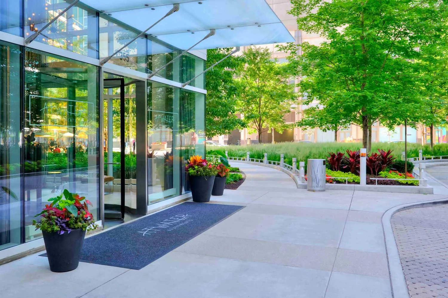 living room with downtown view at Atwater apartments in Streeterville