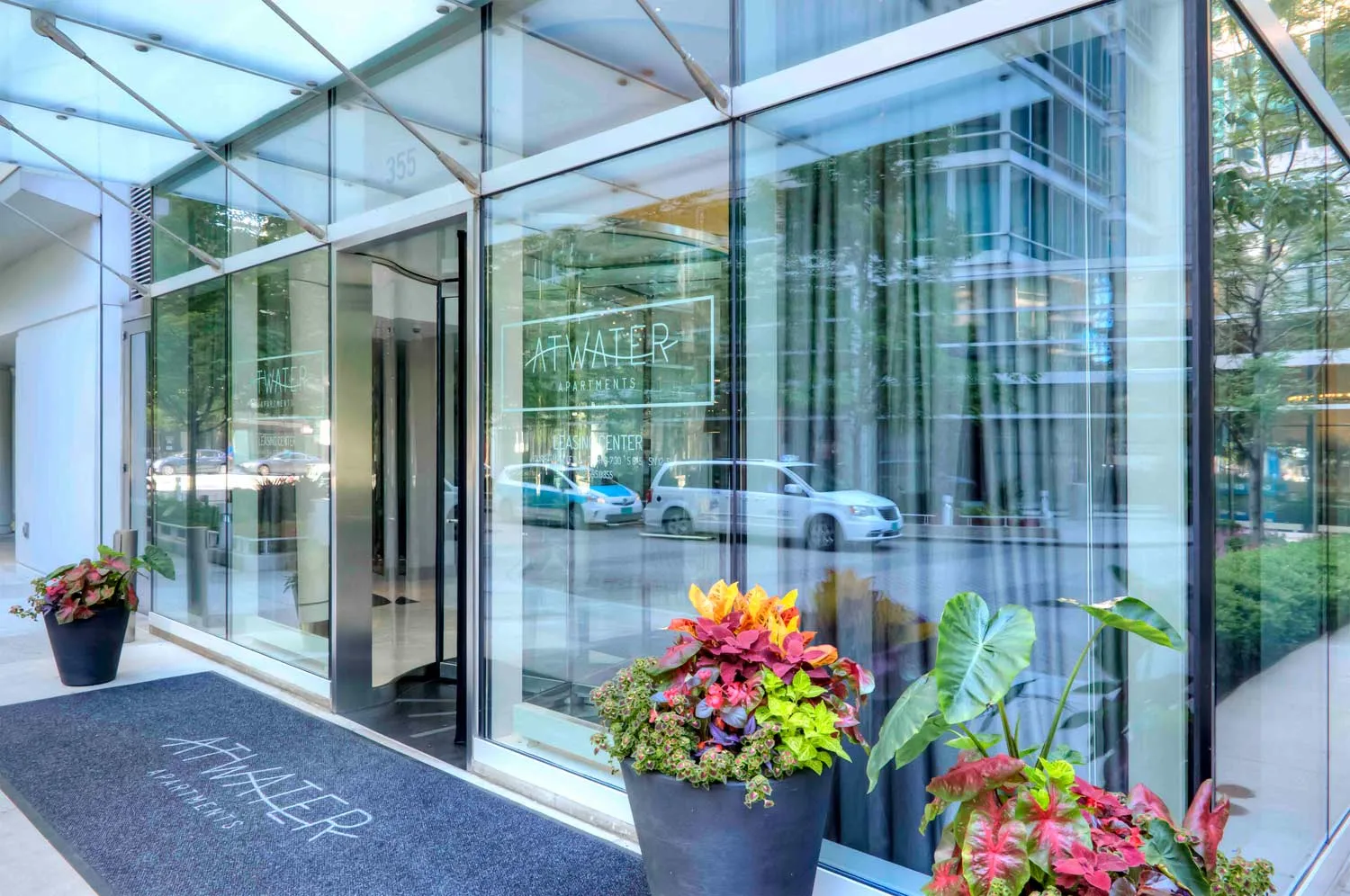 living room with downtown view at Atwater apartments in Streeterville