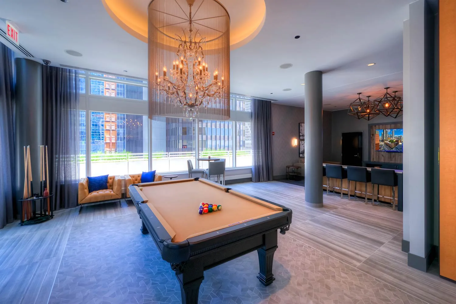 living room with downtown view at Atwater apartments in Streeterville