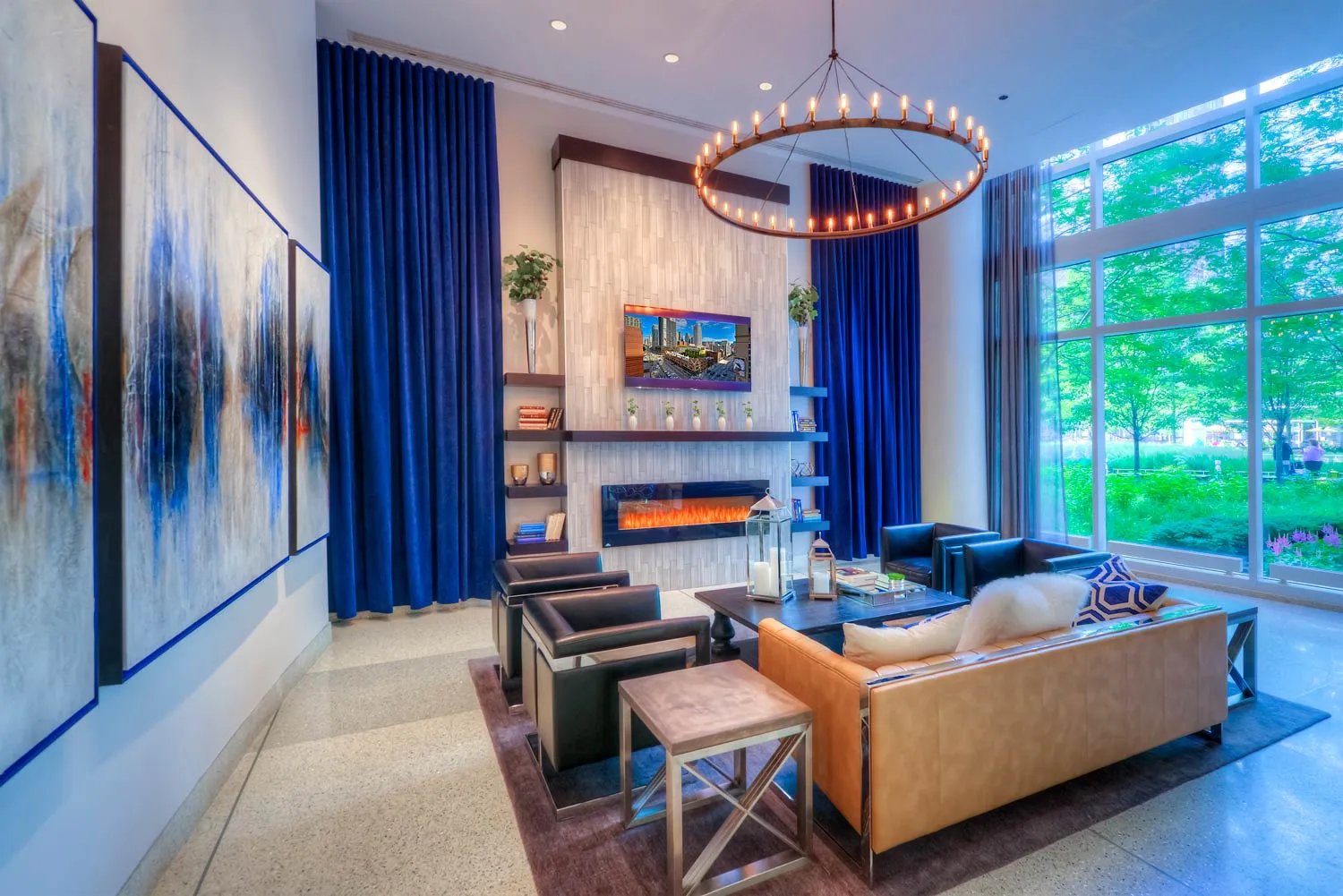 living room with downtown view at Atwater apartments in Streeterville